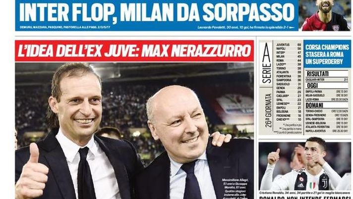 Prima Pagina, Tuttosport: &#8220;Colpo gobbo. Inter flop, Milan da sorpasso. A Roma un superderby&#8230;&#8221; 