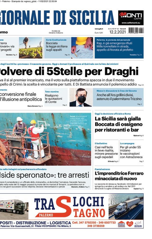 Prima Pagina, Giornale di Sicilia: “Polvere di 5 stelle per Draghi. La Sicilia sarà gialla, boccata d’aria per bar e ristoranti” Prima Pagina, Giornale di Sicilia: “Polvere di 5 stelle per Draghi. La Sicilia sarà gialla, boccata d’aria per bar e ristoranti”