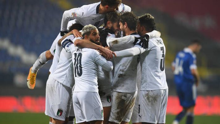 SARAJEVO, BOSNIA AND HERZEGOVINA - NOVEMBER 18: Domenico Berardi of Italy celebrates with team-mates after scoring the second goal during the UEFA Nations League group stage match between Bosnia-Herzegovina and Italy at Stadium Grbavica on November 18, 2020 in Sarajevo, Bosnia and Herzegovina. (Photo by Claudio Villa/Getty Images) SARAJEVO, BOSNIA AND HERZEGOVINA - NOVEMBER 18: Domenico Berardi of Italy celebrates with team-mates after scoring the second goal during the UEFA Nations League group stage match between Bosnia-Herzegovina and Italy at Stadium Grbavica on November 18, 2020 in Sarajevo, Bosnia and Herzegovina. (Photo by Claudio Villa/Getty Images)