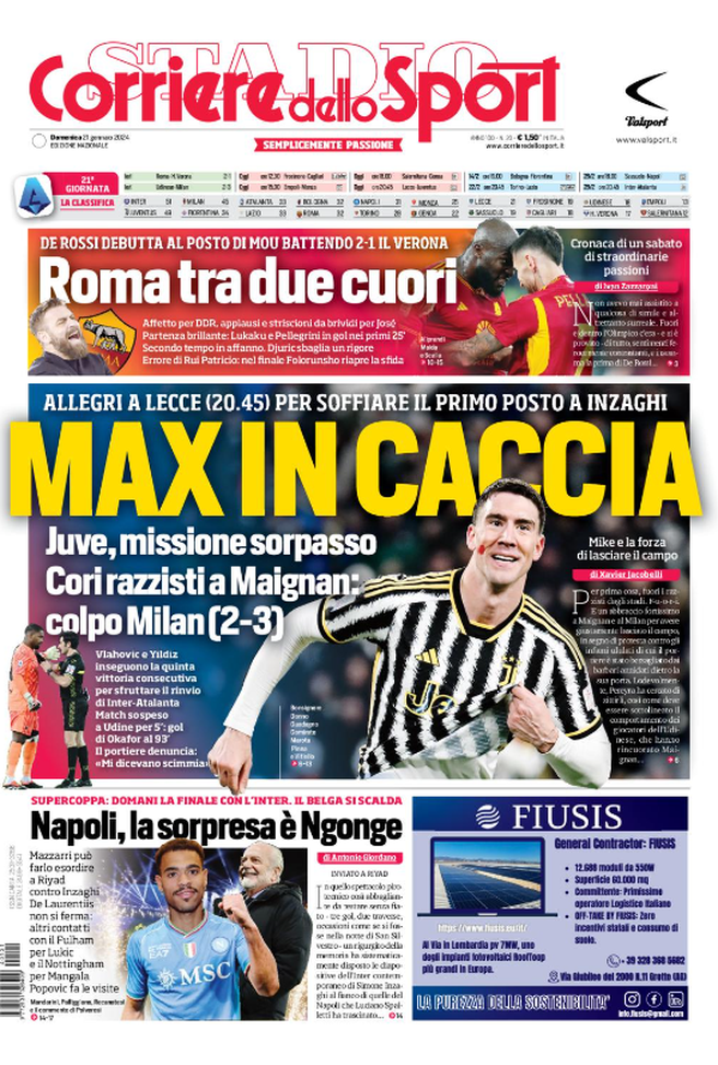 La prima pagina Il Corriere dello Sport 21-01-2024