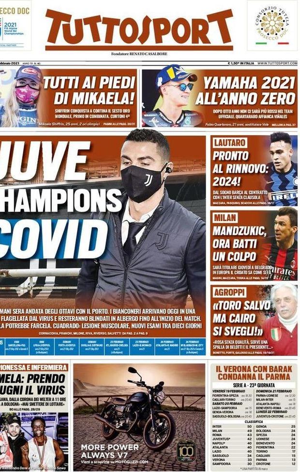 Tuttosport, la prima pagina di oggi, martedì 16 febbraio 2021 
