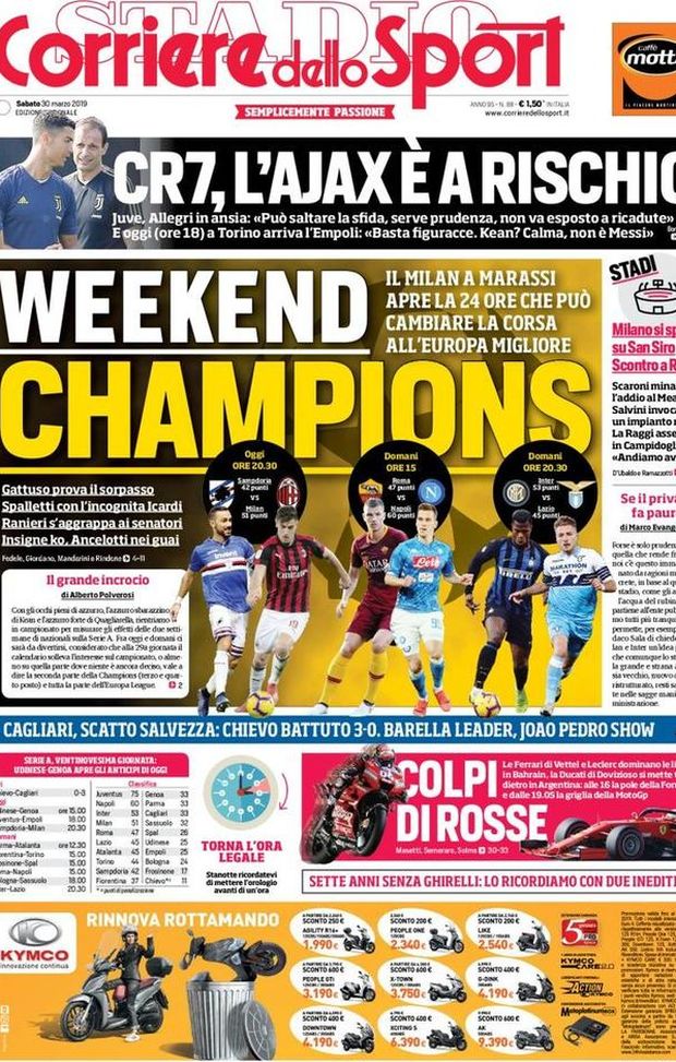 Prima Pagina, Corriere dello Sport: “Weekend Champions. CR7, l’Ajax è a rischio. Cagliari, scatto salvezza” Prima Pagina, Corriere dello Sport: “Weekend Champions. CR7, l’Ajax è a rischio. Cagliari, scatto salvezza”