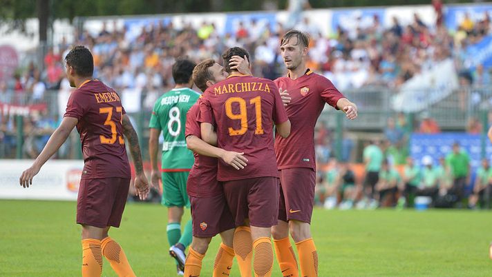 TRENTO, ITALY - JULY 17: AS Roma players celebrate after goal scored by Riccardo Marchizza during a friendly match between AS Roma and Terek Grozny on July 17, 2016 in Pinzolo near Trento, Italy. (Photo by Luciano Rossi/AS Roma via Getty Images) TRENTO, ITALY - JULY 17: AS Roma players celebrate after goal scored by Riccardo Marchizza during a friendly match between AS Roma and Terek Grozny on July 17, 2016 in Pinzolo near Trento, Italy. (Photo by Luciano Rossi/AS Roma via Getty Images)