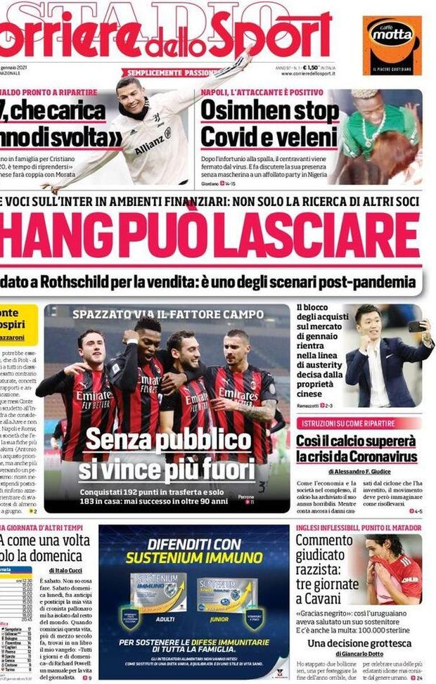 La prima pagina del Corriere dello Sport,, in edicola oggi, 2 gennaio 2021 