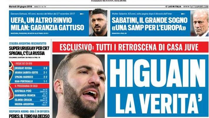 Prima Pagina, Tuttosport: “Higuain, la verità. Uefa, un altro rinnovo. Milan: garanzia Gattuso. Scatta l’era Pastore…” Prima Pagina, Tuttosport: “Higuain, la verità. Uefa, un altro rinnovo. Milan: garanzia Gattuso. Scatta l’era Pastore…”