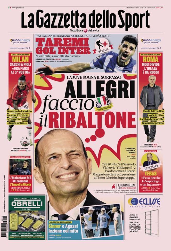 La Gazzetta dello Sport, la prima pagina di oggi, martedì 16 gennaio 2024
