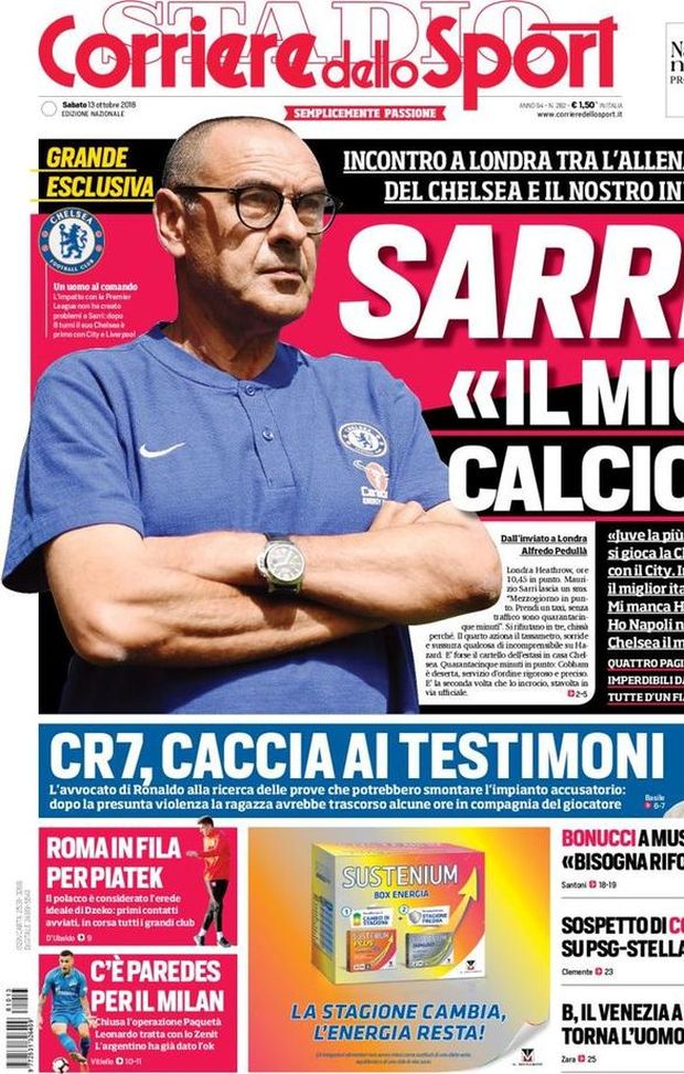 Prima Pagina, Corriere dello Sport: “Sarri: ‘Il mio calcio’. CR7, caccia ai testimoni. Roma in fila per Piatek. Paredes per il Milan…” Prima Pagina, Corriere dello Sport: “Sarri: ‘Il mio calcio’. CR7, caccia ai testimoni. Roma in fila per Piatek. Paredes per il Milan…”