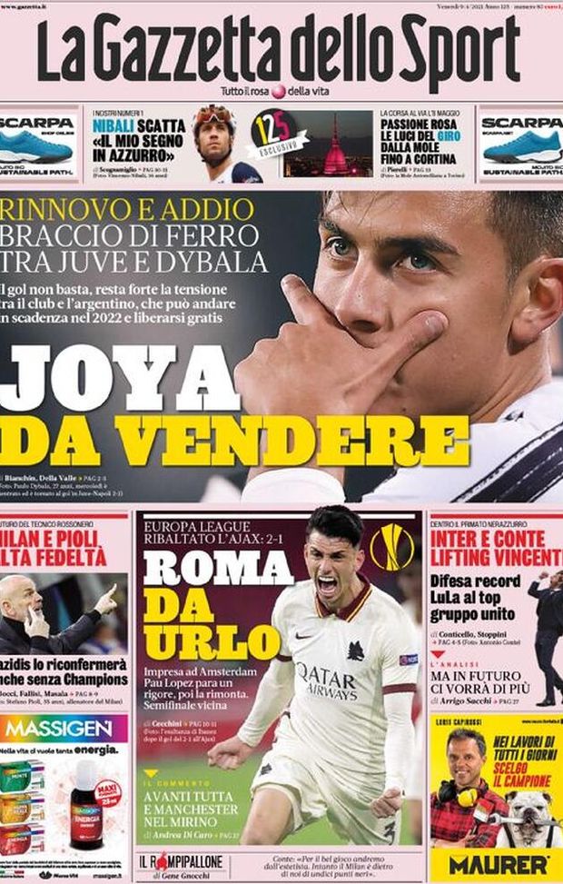 Prima Pagina, La Gazzetta dello Sport: “Joya da vendere. Roma da urlo, Milan e Pioli alta fedeltà” 