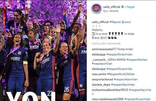 La protesta dei tifosi del Milan sul profilo Instagram ufficiale della UEFA La protesta dei tifosi del Milan sul profilo Instagram ufficiale della UEFA