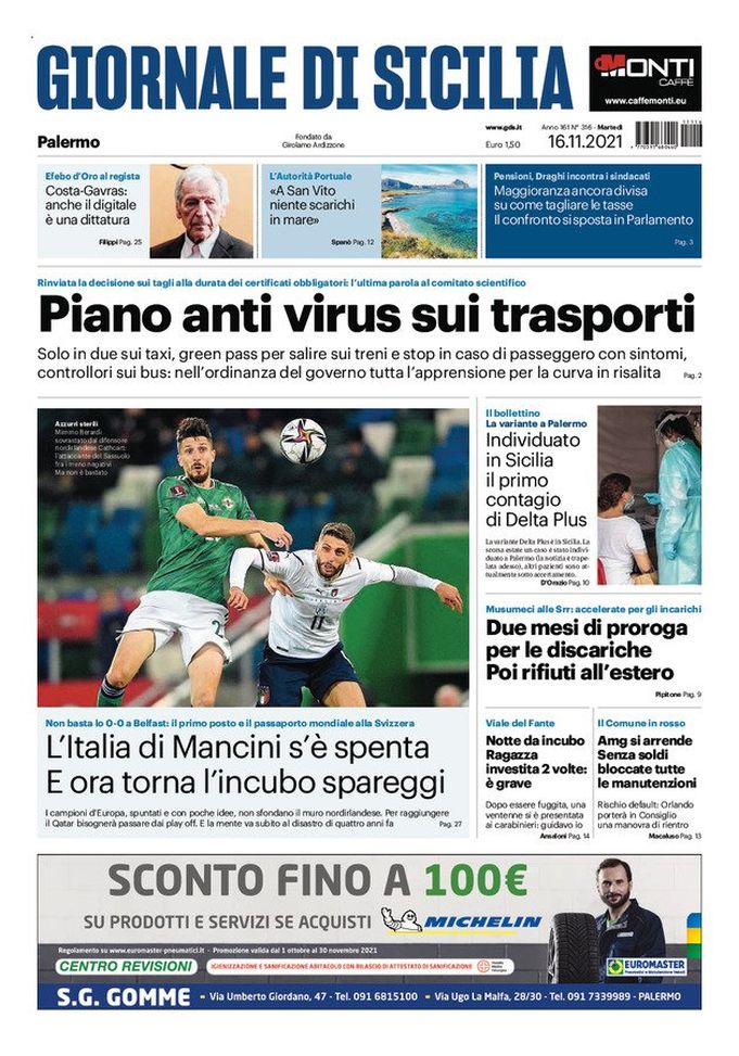 Prima Pagina, Giornale di Sicilia: “Piano anti virus sui trasporti. Italia spenta” Prima Pagina