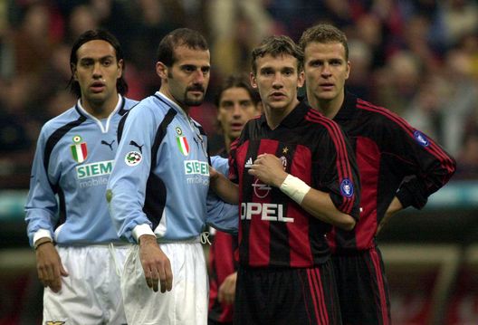01 April 2001: (L-R) Alessandro Nesta and Giuseppe Pancaro of Lazio facing Andriy Shevchenko and Oliver Bierhoff of Milan during the Serie A 24th Round League match between Milan and Lazio played at the San Siro Stadium Milan. DIGITAL CAMERA Mandatory Credit: Grazia Neri/ALLSPORT 01 April 2001: (L-R) Alessandro Nesta and Giuseppe Pancaro of Lazio facing Andriy Shevchenko and Oliver Bierhoff of Milan during the Serie A 24th Round League match between Milan and Lazio played at the San Siro Stadium Milan. DIGITAL CAMERA Mandatory Credit: Grazia Neri/ALLSPORT
