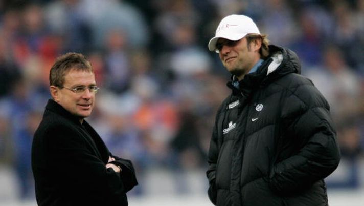 GELSENKIRCHEN, GERMANY - DECEMBER 10: Head coach Ralf Rangnick of Schalke and head coach Juergen Klopp of Mainz smile before the Bundesliga match between Schalke 04 and FSV Mainz 05 at the Veltins Arena on December 10, 2005 in Gelsenkirchen, Germany. (Photo by Christof Koepsel/Bongarts/Getty Images) GELSENKIRCHEN, GERMANY - DECEMBER 10: Head coach Ralf Rangnick of Schalke and head coach Juergen Klopp of Mainz smile before the Bundesliga match between Schalke 04 and FSV Mainz 05 at the Veltins Arena on December 10, 2005 in Gelsenkirchen, Germany. (Photo by Christof Koepsel/Bongarts/Getty Images)