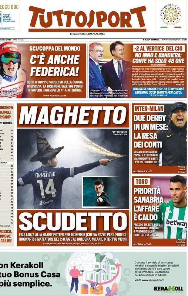 Tuttosport, la prima pagina di oggi, lunedì 25 gennaio 2021 Tuttosport, la prima pagina di oggi, lunedì 25 gennaio 2021