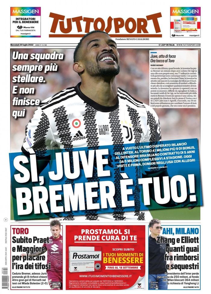 Tuttosport, la prima pagina di oggi, mercoledì 20 luglio 2022