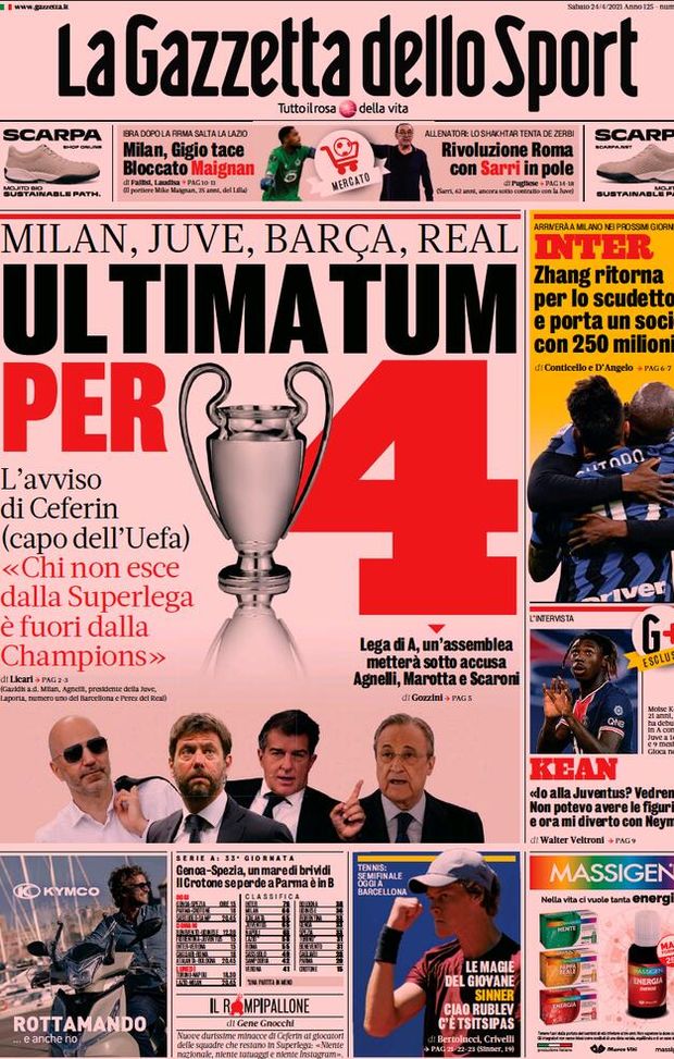 Prima Pagina, La Gazzetta dello Sport: “Ultimatum per quattro, l’avviso di Ceferin! Inter, torna Zhang” 