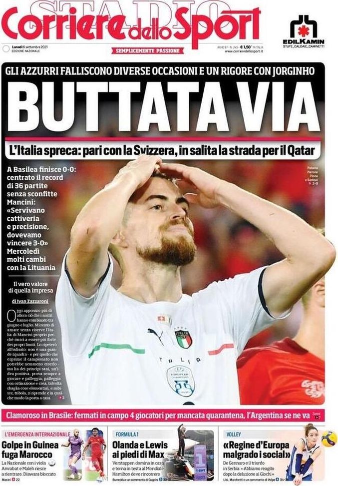 Prima Pagina, Corriere dello Sport: “Buttata via! L&#8217;Italia spreca, pari in Svizzera&#8221; 