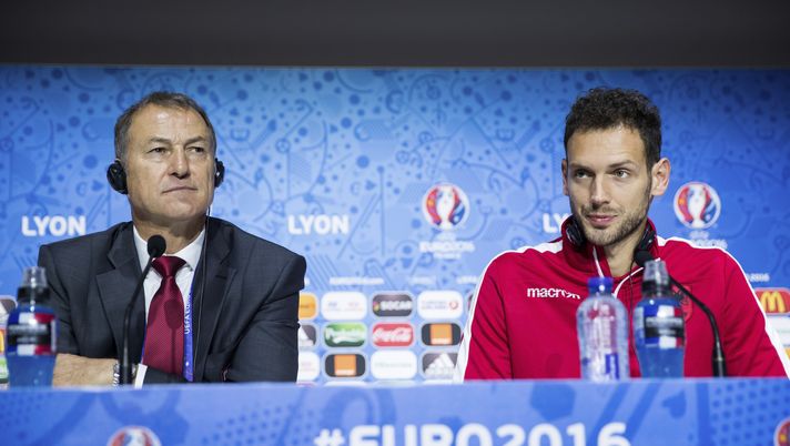 DECINES-CHARPIEU, FRANCE - JUNE 18:  In this handout image provided by UEFA, (L-R) Head coach Giovanni de Biasi and Etrit Berisha of Albania attend a press conference on June 18, 2016 in Decines-Charpieu, France. (Photo by Handout/UEFA via Getty Images) 