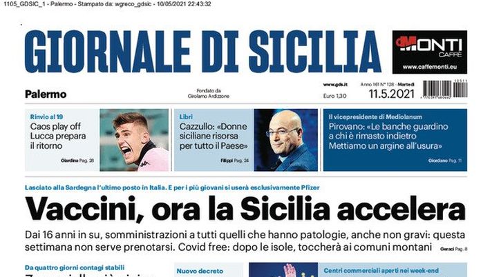 Prima Pagina, Giornale di Sicilia: “Vaccini, ora la Sicilia accelera. Caos play off, Lucca si prepara al ritorno” Prima Pagina, Giornale di Sicilia: “Vaccini, ora la Sicilia accelera. Caos play off, Lucca si prepara al ritorno”