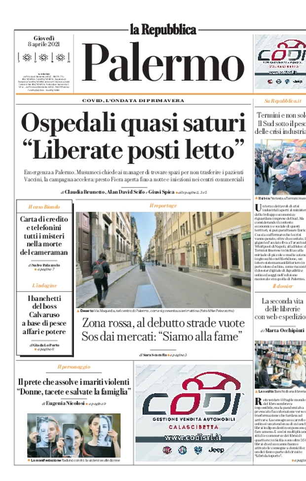 Prima Pagina, La Repubblica-Palermo: &#8220;Ospedali quasi saturi. Zona rossa, al debutto strade vuote&#8221; 