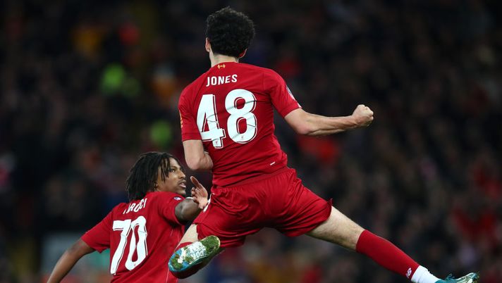 LIVERPOOL, ENGLAND - JANUARY 05: Curtis Jones of Liverpool celebrates after scoring his team's first goal during the FA Cup Third Round match between Liverpool and Everton at Anfield on January 05, 2020 in Liverpool, England. (Photo by Clive Brunskill/Getty Images) LIVERPOOL, ENGLAND - JANUARY 05: Curtis Jones of Liverpool celebrates after scoring his team's first goal during the FA Cup Third Round match between Liverpool and Everton at Anfield on January 05, 2020 in Liverpool, England. (Photo by Clive Brunskill/Getty Images)