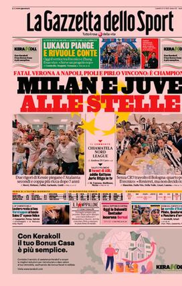 Prima Pagina, La Gazzetta dello Sport: “Milan e Juve alle stelle. Fatal Verona a Napoli” Prima Pagina, La Gazzetta dello Sport: “Milan e Juve alle stelle. Fatal Verona a Napoli”