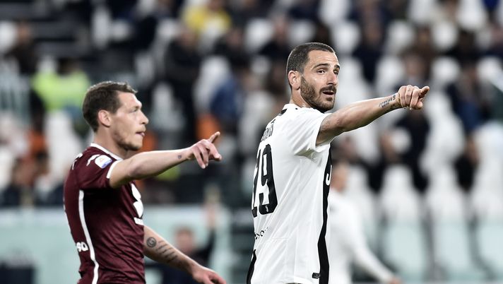 TURIN, ITALY - MAY 03: Leonardo Bonucci of Juventus and Andrea Belotti of Torino FC react during the Serie A match between Juventus and Torino FC on May 3, 2019 in Turin, Italy. (Photo by Giorgio Perottino - Juventus FC/Juventus FC via Getty Images) TURIN, ITALY - MAY 03: Leonardo Bonucci of Juventus and Andrea Belotti of Torino FC react during the Serie A match between Juventus and Torino FC on May 3, 2019 in Turin, Italy. (Photo by Giorgio Perottino - Juventus FC/Juventus FC via Getty Images)