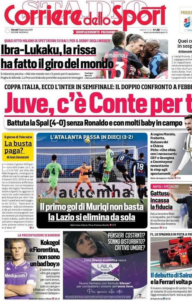  Il Corriere dello Sport, la prima pagina di oggi, giovedì 28 gennaio 2021 