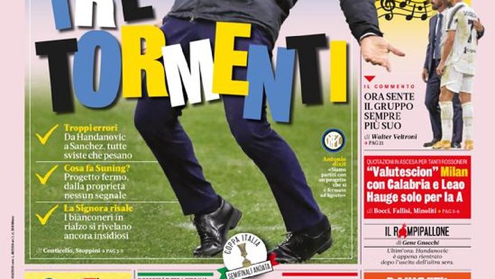 Prima Pagina, La Gazzetta dello Sport: “Conte, tre tormenti. Pirlo, che musica. Atalanta, un Ospina nel fianco” 