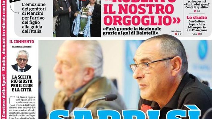 Prima Pagina, Corriere dello Sport: “Sarri sì: Napoli fino al 2021. I genitori di Mancini: ‘Farà grande la Nazionale’. Cholo in trionfo…” Prima Pagina, Corriere dello Sport: “Sarri sì: Napoli fino al 2021. I genitori di Mancini: ‘Farà grande la Nazionale’. Cholo in trionfo…”