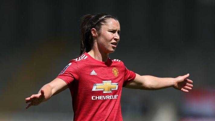 LEIGH, ENGLAND - MAY 16: Jane Ross of Manchester United reacts during the Vitality Women's FA Cup 5th Round match between Manchester United and Leicester City at Leigh Sports Village on May 16, 2021 in Leigh, England. Sporting stadiums around the UK remain under strict restrictions due to the Coronavirus Pandemic as Government social distancing laws prohibit fans inside venues resulting in games being played behind closed doors. (Photo by Lewis Storey/Getty Images) LEIGH, ENGLAND - MAY 16: Jane Ross of Manchester United reacts during the Vitality Women's FA Cup 5th Round match between Manchester United and Leicester City at Leigh Sports Village on May 16, 2021 in Leigh, England. Sporting stadiums around the UK remain under strict restrictions due to the Coronavirus Pandemic as Government social distancing laws prohibit fans inside venues resulting in games being played behind closed doors. (Photo by Lewis Storey/Getty Images)