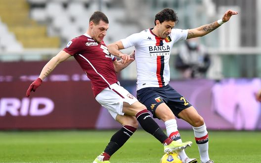 TURIN, ITALY - FEBRUARY 13: Andrea Belotti of Torino battles for possession with Ivan Radovanovic of Genoa during the Serie A match between Torino FC and Genoa CFC at Stadio Olimpico di Torino on February 13, 2021 in Turin, Italy. Sporting stadiums around Italy remain under strict restrictions due to the Coronavirus Pandemic as Government social distancing laws prohibit fans inside venues resulting in games being played behind closed doors. (Photo by Valerio Pennicino/Getty Images) TURIN, ITALY - FEBRUARY 13: Andrea Belotti of Torino battles for possession with Ivan Radovanovic of Genoa during the Serie A match between Torino FC and Genoa CFC at Stadio Olimpico di Torino on February 13, 2021 in Turin, Italy. Sporting stadiums around Italy remain under strict restrictions due to the Coronavirus Pandemic as Government social distancing laws prohibit fans inside venues resulting in games being played behind closed doors. (Photo by Valerio Pennicino/Getty Images)