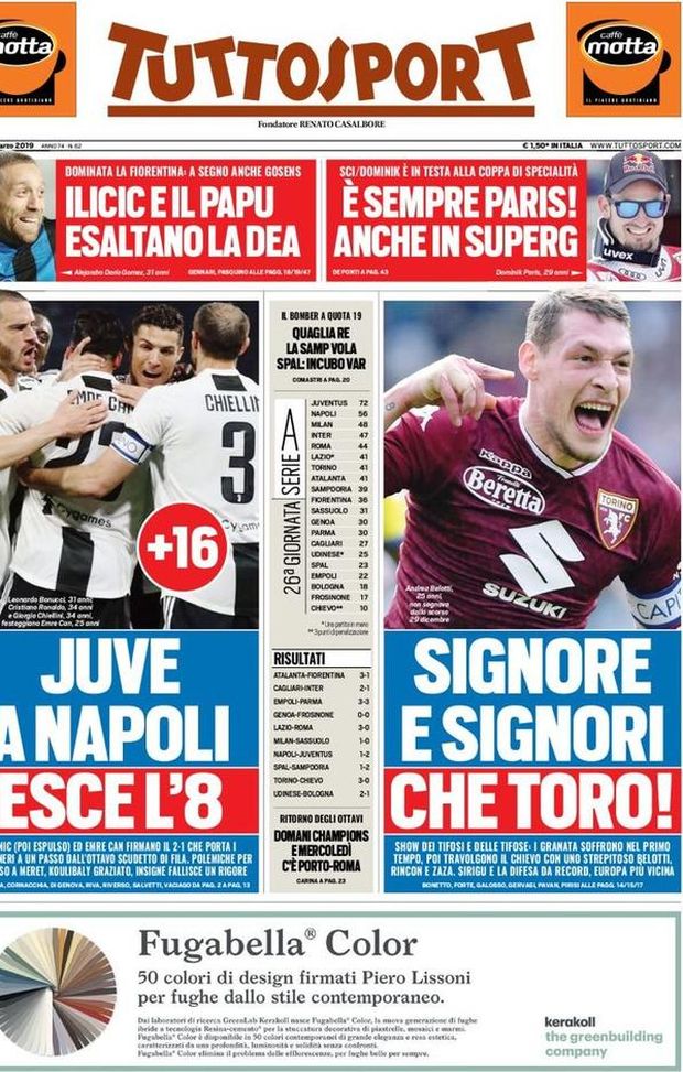 Prima Pagina, Tuttosport: “Juve a Napoli esce l’8. Che Toro! Ilicic e il Papu esaltano la Dea. Quaglia re…” Prima Pagina, Tuttosport: “Juve a Napoli esce l’8. Che Toro! Ilicic e il Papu esaltano la Dea. Quaglia re…”