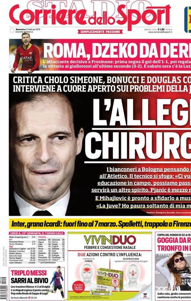Prima Pagina, Corriere dello Sport: “L’Allegri chirurgo. Roma, Dzeko da derby. Inter, grana Icardi…” Prima Pagina, Corriere dello Sport: “L’Allegri chirurgo. Roma, Dzeko da derby. Inter, grana Icardi…”