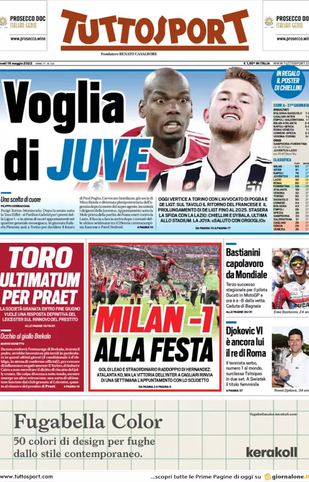 Prima Pagina, Tuttosport: “Voglia di Juve. Milan, -1 alla festa”. E il Torino… Prima Pagina