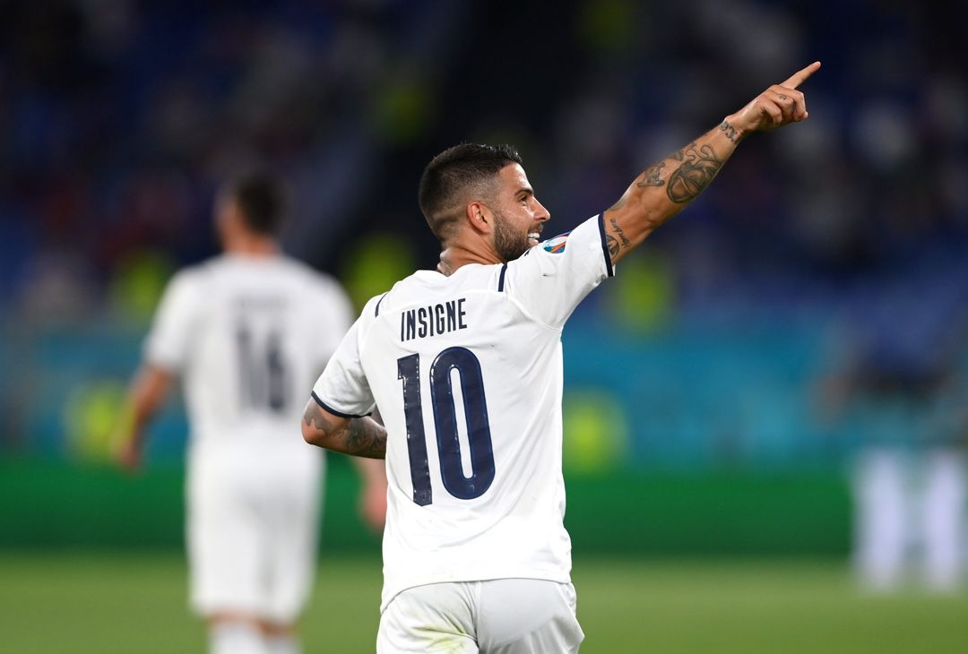  ROME, ITALY - JUNE 11: Lorenzo Insigne of Italy celebrates after scoring their side's third goal during the UEFA Euro 2020 Championship Group A match between Turkey and Italy at the Stadio Olimpico on June 11, 2021 in Rome, Italy. (Photo by Mike Hewitt/Getty Images) 