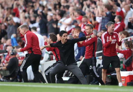 LONDON, ENGLAND - SEPTEMBER 26: Mikel Arteta manager of Arsenal celebrates their teams second goal during the Premier League match between Arsenal and Tottenham Hotspur at Emirates Stadium on September 26, 2021 in London, England. (Photo by Julian Finney/Getty Images) LONDON, ENGLAND - SEPTEMBER 26: Mikel Arteta manager of Arsenal celebrates their teams second goal during the Premier League match between Arsenal and Tottenham Hotspur at Emirates Stadium on September 26, 2021 in London, England. (Photo by Julian Finney/Getty Images)