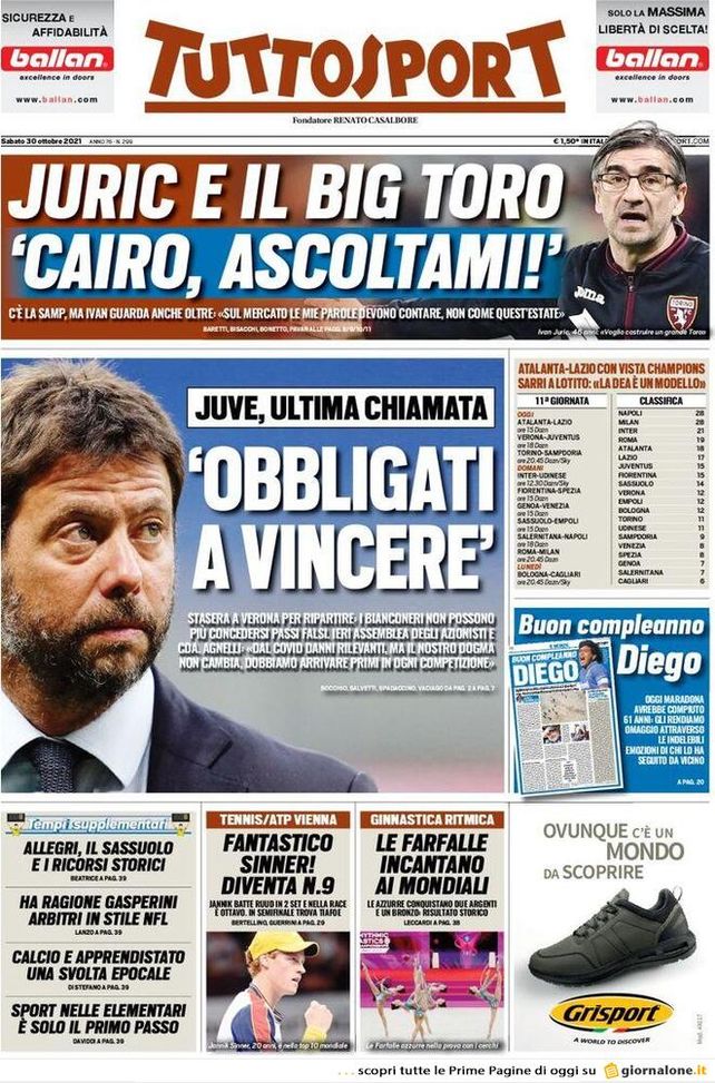 Prima Pagina, Tuttosport: “Obbligati a vincere! Juve, ultima chiamata” - immagine 1