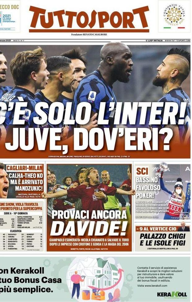 Prima pagina, Tuttosport: “C’è solo l’Inter, Juve dov’eri? Milan, Theo-Calha k.o. ma è arrivato Mandzukic” Prima pagina, Tuttosport: “C’è solo l’Inter, Juve dov’eri? Milan, Theo-Calha k.o. ma è arrivato Mandzukic”