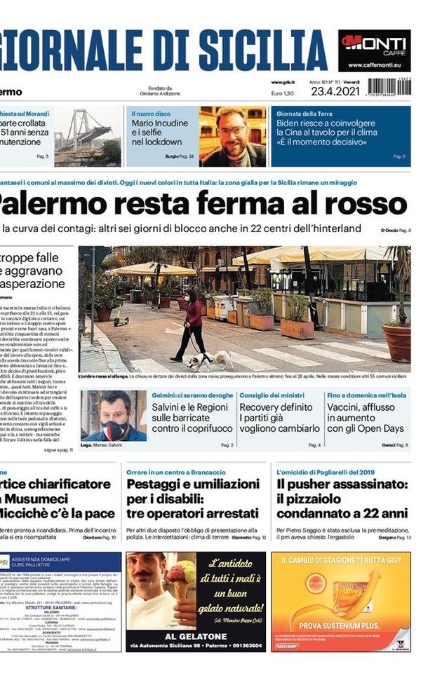 Prima Pagina, Giornale di Sicilia: “Palermo resta ferma al rosso, è alta la curva dei contagi&#8221; 