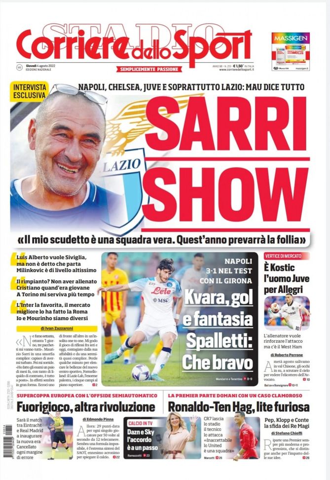 Il Corriere dello Sport, la prima pagina di oggi, giovedì 4 agosto 2022