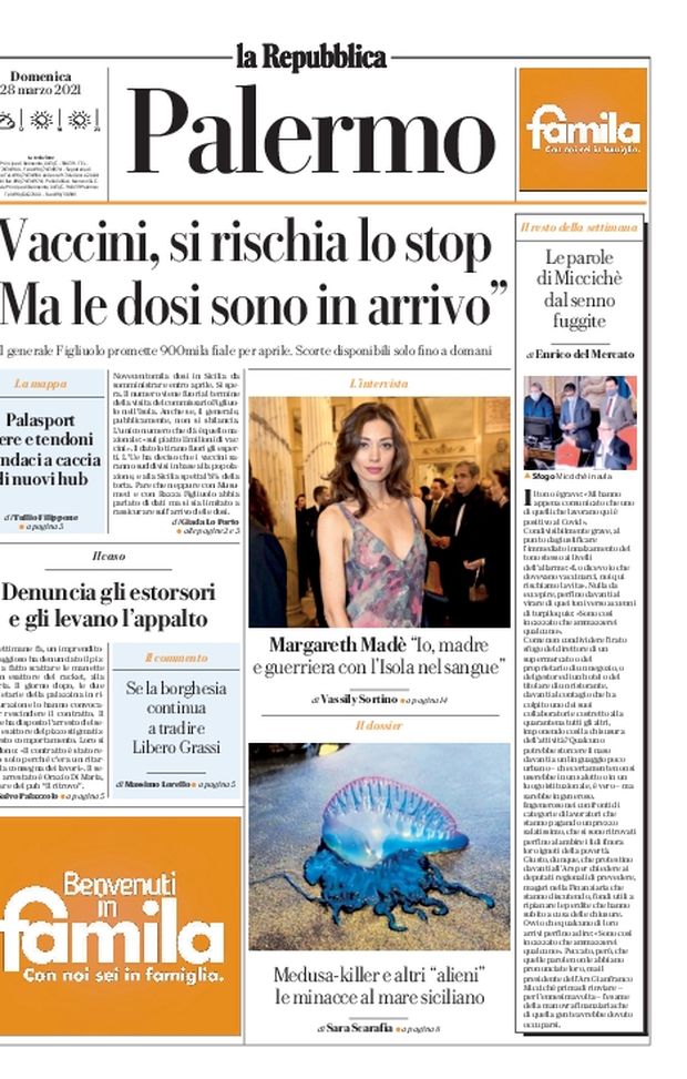 Prima Pagina, La Repubblica-Palermo: “Vaccini, si rischia lo stop. Ma le dosi sono in arrivo”  Prima Pagina, La Repubblica-Palermo: “Vaccini, si rischia lo stop. Ma le dosi sono in arrivo”