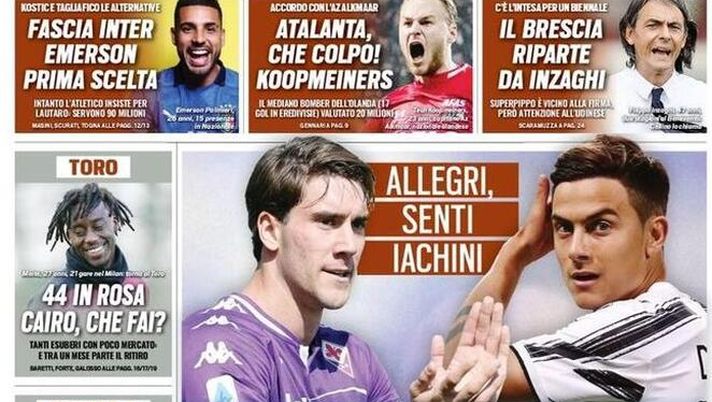 Prima Pagina, Tuttosport: “Vlahovic-Dybala, coppia Juve. Atalanta, che colpo!” 