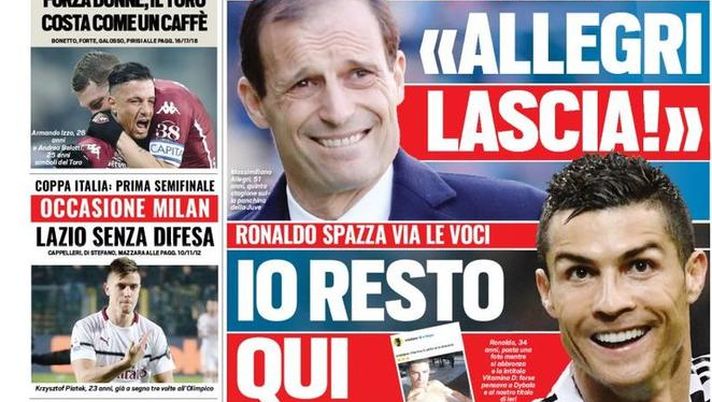 Prima Pagina, Tuttosport: “Allegri lascia! Inter, Marotta furioso. Occasione Milan, Lazio senza difesa…”  Prima Pagina, Tuttosport: “Allegri lascia! Inter, Marotta furioso. Occasione Milan, Lazio senza difesa…”