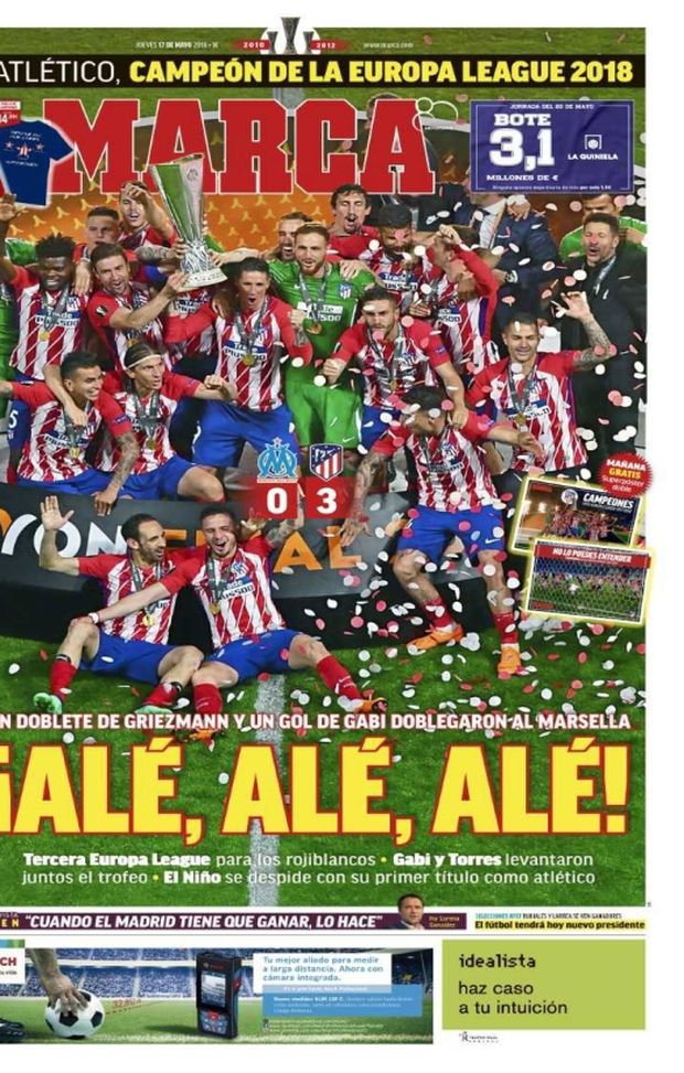 Prima Pagina, Marca: “Alé, Alé, Alé! L’Atletico vince la terza Europa League della sua storia. Torres alza il trofeo…” Prima Pagina, Marca: “Alé, Alé, Alé! L’Atletico vince la terza Europa League della sua storia. Torres alza il trofeo…”