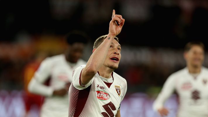 ROME, ITALY - JANUARY 05:  Andrea Belotti of Torino FC celebrates after scoring the team's second goal from penalty spot during the Serie A match between AS Roma and Torino FC at Stadio Olimpico on January 5, 2020 in Rome, Italy.  (Photo by Paolo Bruno/Getty Images) 