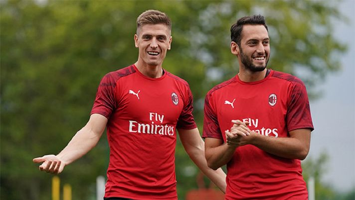 Piatek e Calhanoglu a Milanello, foto @acmilan