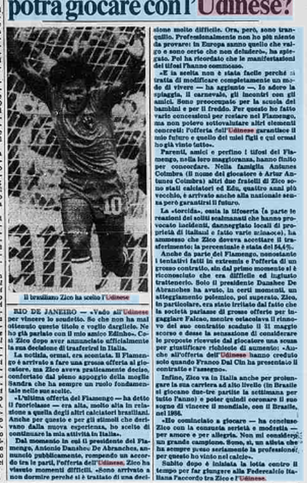 Accadde Oggi 7/6/83 Zico potrà giocare con l’Udinese?