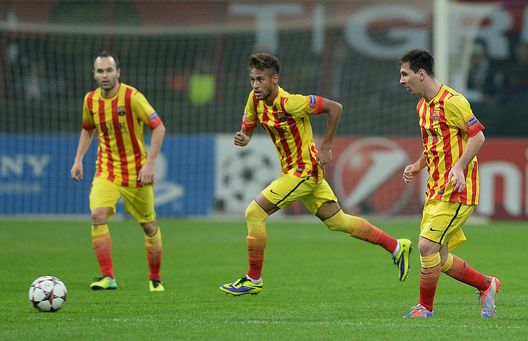 MILAN, ITALY - OCTOBER 22: (L-R) Andres Iniesta, Neymar and Lionel Messi of FC Barcelona during the UEFA Champions League Group H match between AC Milan and Barcelona at Stadio Giuseppe Meazza on October 22, 2013 in Milan, Italy. (Photo by Claudio Villa/Getty Images) MILAN, ITALY - OCTOBER 22: (L-R) Andres Iniesta, Neymar and Lionel Messi of FC Barcelona during the UEFA Champions League Group H match between AC Milan and Barcelona at Stadio Giuseppe Meazza on October 22, 2013 in Milan, Italy. (Photo by Claudio Villa/Getty Images)