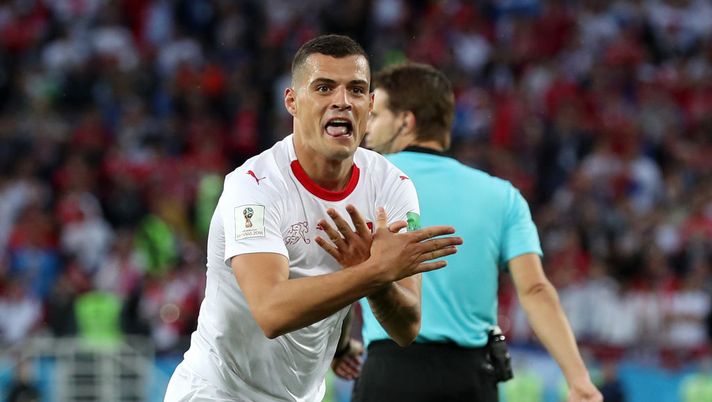 KALININGRAD, RUSSIA - JUNE 22:  Granit Xhaka of Switzerland celebrates after scoring his team's first goal during the 2018 FIFA World Cup Russia group E match between Serbia and Switzerland at Kaliningrad Stadium on June 22, 2018 in Kaliningrad, Russia.  (Photo by Clive Rose/Getty Images) 