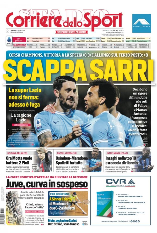 Il Corriere dello Sport, la prima pagina di oggi, sabato 15 aprile 2023 Il Corriere dello Sport